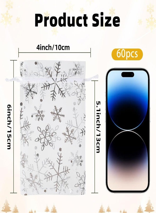 Linsuminn Snowflake Organza Gift Bags, Christmas Organza Bags 4"x6", 60 PCS Silver Snowflake Mesh Bag Drawstring Party Favor Bag, Small Mesh Gift Pouch Jewelry Mini Candy Pouch for Christmas Winter Party Supply - Image 3